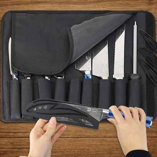 Miniatura 2 de Dfito Juego de cuchillos de chef con bolsa enrollable, juego de cuchillos profesionales de 9 piezas, juego de cuchillos de cocina de acero Azul