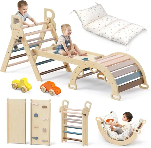 BlueWood Pikler - Juego de triángulos con cojín, juguetes de escalada para niños pequeños 9 en 1, juego de filosofía Montessori, gimnasio de la