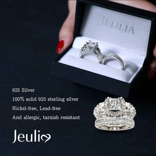 Miniatura 2 de Jeulia Juego de anillos de compromiso de calavera de plata de ley, anillos de compromiso de eternidad, diamantes de corte princesa con circonita