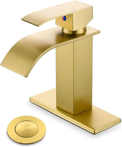 Grifos de baño dorados, modernos de un solo agujero, boquilla de cascada de oro cepillado con ensamblaje de drenaje y manguera, acero inoxidable 304