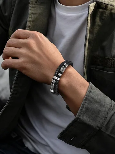 Miniatura 9 de FaithHeart Pulsera vikinga para hombre, pulsera de cuero trenzado de doble fila con cierre de acero inoxidable, brújula vikinga, pulsera vintage