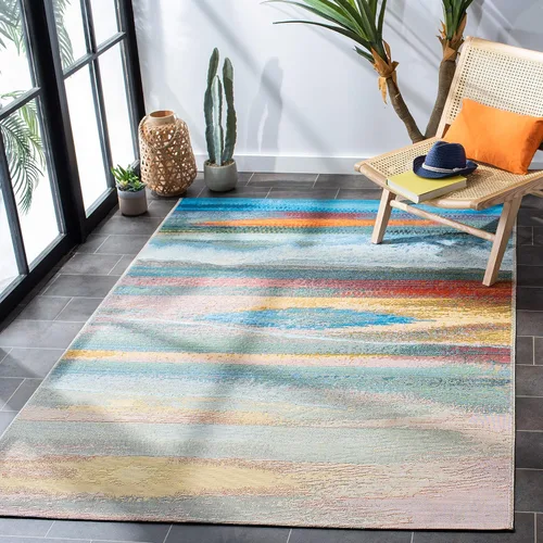 SAFAVIEH Alfombra lavable para exteriores, colección Barbados, 8 x 10 pies 5 pulgadas, azul claro y rosa, no desprende pelusa y fácil de limpiar,