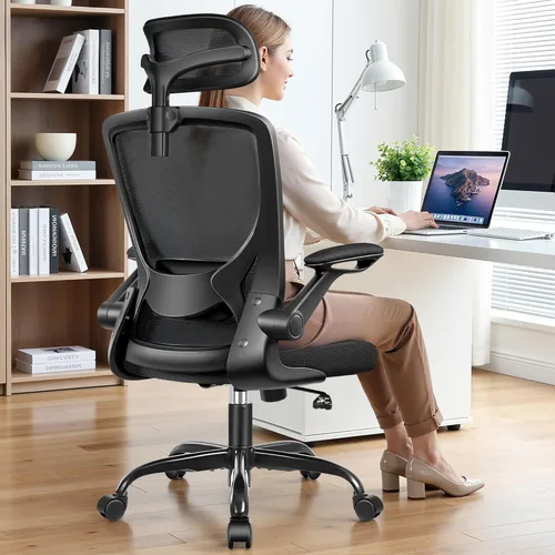 Miniatura 13 de BESTFAIR Silla de oficina ergonómica, sillas de oficina de malla transpirable con soporte lumbar ajustable, brazos abatibles, silla de escritorio