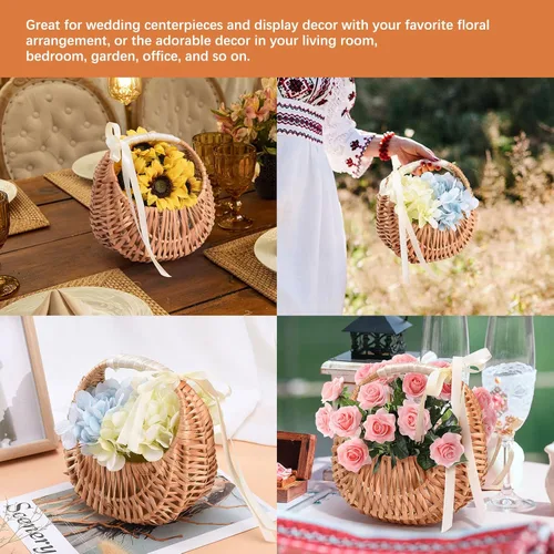 Miniatura 2 de 2 cestas de flores para niña con asa y lazo de cinta, cestas de flores tejidas a mano, cesta de ratán tejida, canasta de arreglo floral de sauce