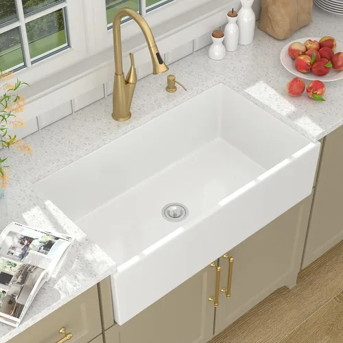 Miniatura 2 de Lordear Fregadero de Cocina Estilo Granja de 36 Pulgadas Blanco de Arcilla Refractaria Porcelana Cerámica Tazón Único Frente de Delantal Fregadero