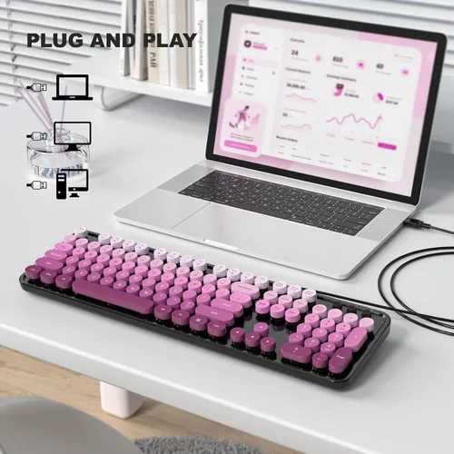 Miniatura 2 de MOFII Teclado con cable, teclado retro de tamaño completo, llave redonda, USB con cable Plug and Play, para laptop, PC, escritorio, ventanas