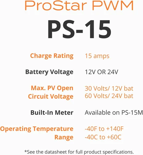 Miniatura 5 de Morningstar Prostar 15A PWM Controlador de carga solar (PS-15) – Regulador de panel solar inteligente, compatible con baterías de litio LA/12V/24V