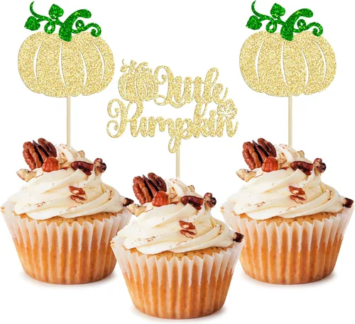 Miniatura 23 de 24 adornos para cupcakes de calabaza para niños o niñas con purpurina para revelación de género, decoración para cupcakes de calabaza, pies