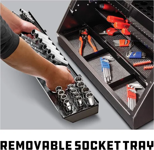 Miniatura 4 de Powerbuilt 240102 - Caja de herramientas portátil inclinada frontal de 26 pulgadas, acero de calibre 16, tapa magnética con cerradura resistente a