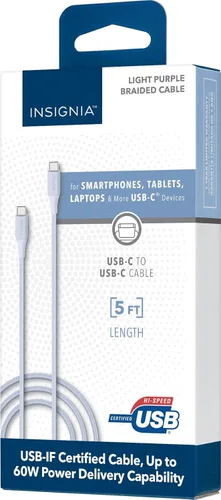 Insignia Cable trenzado USB-C a USB-C (5 pies, morado claro)