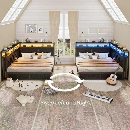Miniatura 7 de CIKUNASI Marco de cama esquinero de tamaño matrimonial con cabecero y marco de almacenamiento de cama de granja con luces LED y estación de carga