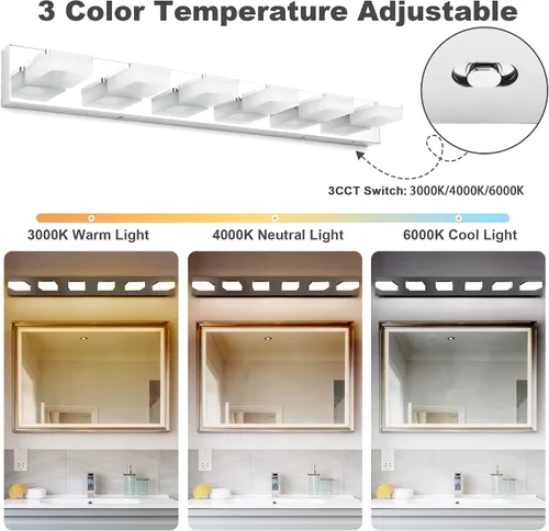 Miniatura 2 de GOODATE Lámparas de baño regulables de 3 colores sobre el espejo, luces LED cromadas, de acero inoxidable acrílico, 6 luces de tocador de baño