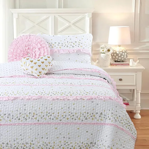 Miniatura 24 de Cozy Line Home Fashions Juego de ropa de cama acolchado reversible de niña con volantes rosa claro y azul de 100% algodón, colcha, cubrecama