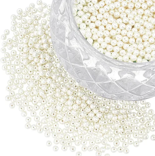 Miniatura 8 de Pandahall Elite, perlas pequeñas redondas brillosas. Canutillos surtidos de raso para joyas. Paquete de caja redonda., Vidrio, 4mm Blanco crema