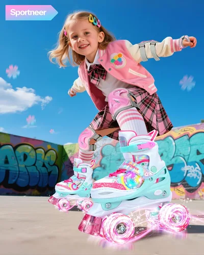 Miniatura 2 de Sportneer - Patines de ruedas para niños con juego de protección, patines ajustables para niñas en 4 tallas con 8 ruedas LED brillantes, patines