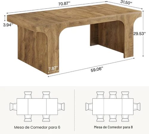 Miniatura 2 de Tribesigns Mesa de comedor grande de 71 pulgadas para 6-8, mesa de cocina de madera de granja con diseño arqueado, mueble rectangular de comedor