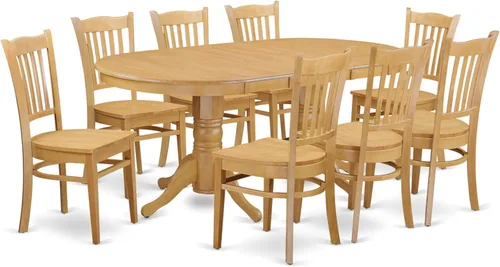East West Furniture VAGR9-OAK-W Juego de mesa de comedor de 9 piezas incluye una mesa de madera ovalada con hoja de mariposa y 8 sillas de comedor,
