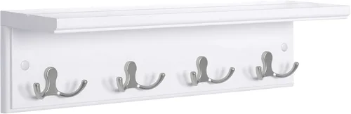 SONGMICS Perchero colgante de entrada, estante de madera montado en la pared, con 4 ganchos dobles, estante flotante de pared, blanco ULHR42WT