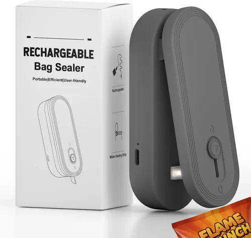 Mini sellador de bolsas con cortador e imán, resellador de bolsas recargable de 1800 mAh de mano, sellador térmico portátil para bolsas de Negro