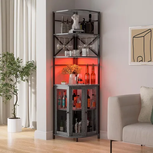 Miniatura 2 de Gabinete de bar de vino con toma de corriente, gabinete de vino industrial de 6 niveles con luz LED y soporte para vidrio, gabinete de barra de Gris