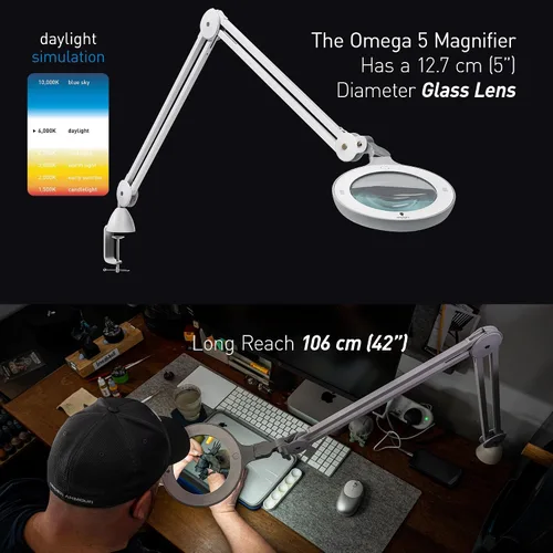 Miniatura 3 de Omega 5 - Lámpara de aumento LED de alta calidad con lentes de vidrio intercambiables, brazo ajustable e interruptor de atenuación
