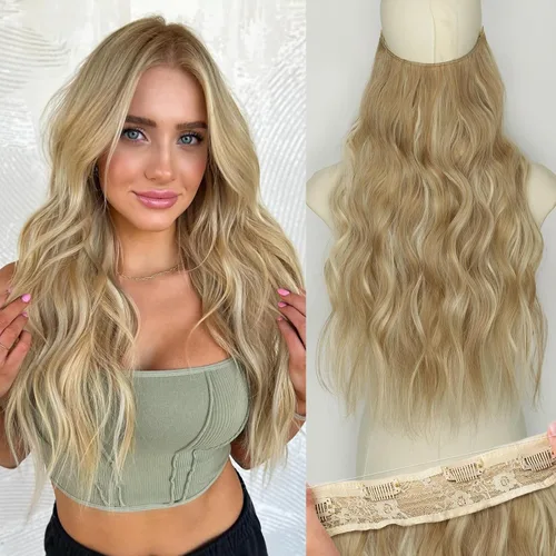 Miniatura 55 de KooKaStyle - Extensiones de cabello con hilo invisible, diadema transparente, ajustables, 4 clips fijadores, cabello largo y ondulado de 12