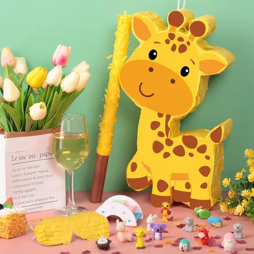 Miniatura 4 de Aoriher Piñata de jirafa Safari Piñata con ojos vendados y murciélago, suministros de fiesta de cumpleaños, zoológico de selva, recuerdos de fiesta