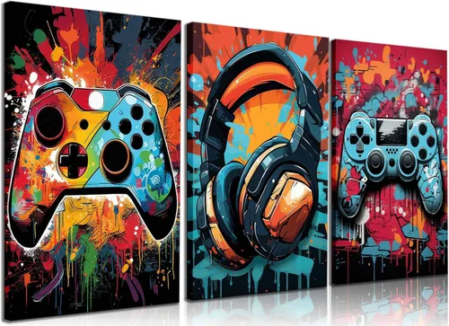 3 piezas de arte de pared para juegos geniales, pósters de videojuegos retro en acuarela, cuadros coloridos de gamepad de neón, impresiones de