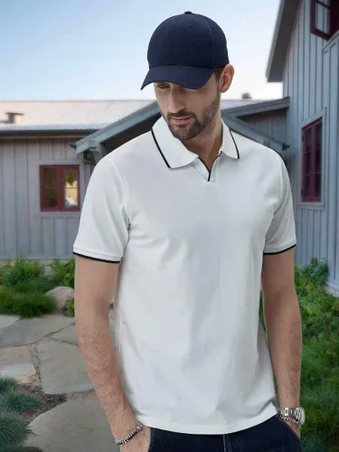 Miniatura 6 de Aiyino Polo de manga corta para hombre, estilo casual, ajustado, cuello en V, diseño básico, de algodón