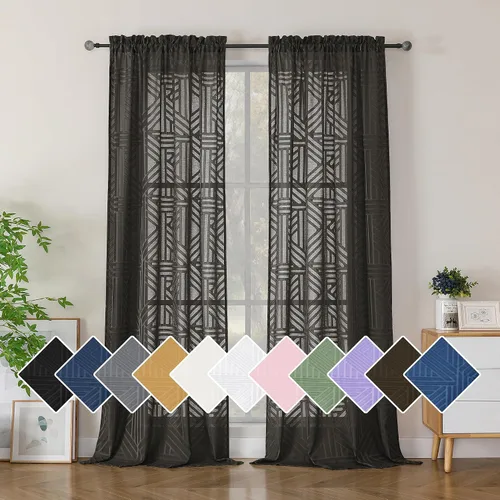 Miniatura 24 de Simplebrand Cortinas traslúcidas negras de cocina de 24 pulgadas de largo, 2 paneles, filtrado de luz, geométrico jacquard con textura, cortinas
