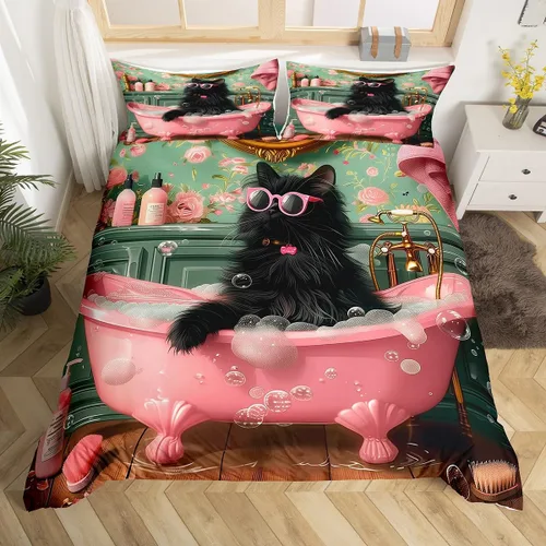 Miniatura 4 de Juego de funda de edredón para niños con diseño de gato negro, tamaño individual, juego de ropa de cama de animales lindos con burbujas de baño