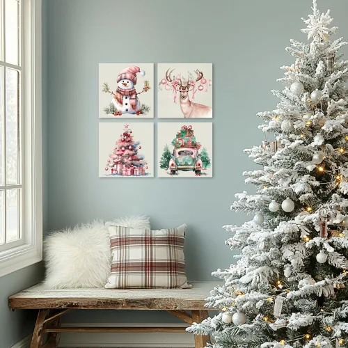 Miniatura 5 de Arte de Lienzo de Pared de Navidad Rosa - Juego de 4 Muñeco de Nieve, Ciervo, Árbol de Navidad y Camión Póster de Arte de Navidad - Pintura Estética