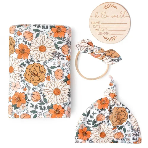 Konssy Manta de Recién Nacida para Bebé Niña con juego de Banda para la Cabeza y Gorrito Set Manta Envolvente para Bebé para Guardería Crema