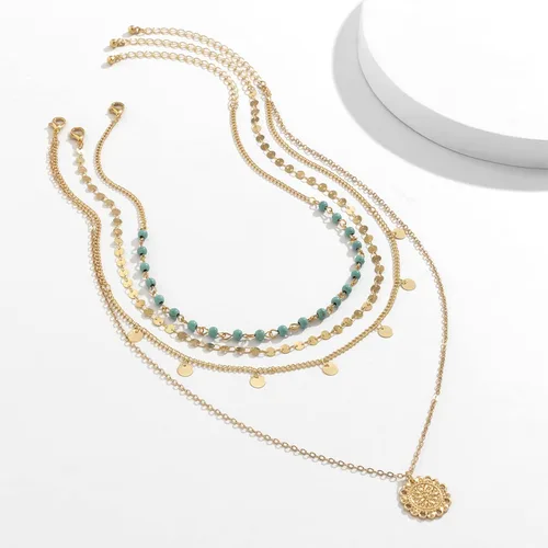 Miniatura 4 de Collar de oro para mujer, juego de collares de moda en capas, collar bohemio con cuentas de turquesa, collar largo con dije de moneda, collar
