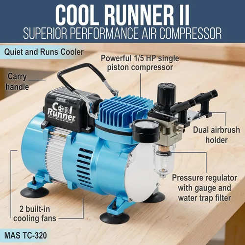 Miniatura 4 de Master Airbrush Cool Runner II Kit de cepillo de aire con compresor de aire doble ventilador, juego de aerógrafo de alimentación por gravedad