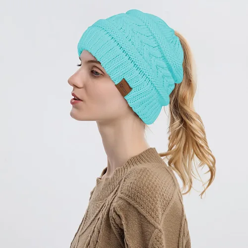 Miniatura 3 de Rosoz 1&2 Packs Ponytail Beanie for Women,Winter Warm Beanie Tail Soft Stretch Cable Knit Messy High Bun Hat