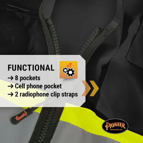 Miniatura 4 de Pioneer Chaleco de seguridad para hombre – Hi Vis reflectante neón sólido, 8 bolsillos, cremallera, ajustable para construcción, tráfico, trabajo