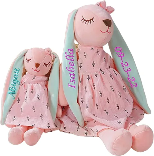 Dyoart Conejo de Pascua personalizado con nombre, juguetes de peluche bordados hechos a mano, regalos de Pascua personalizados para bebé niña Rosa