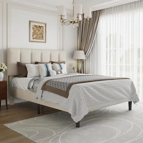 Miniatura 59 de VECELO - Base de cama tamaño individual con cabecera tapizada, plataforma con soporte de listones de madera de alta resistencia, no necesita somier