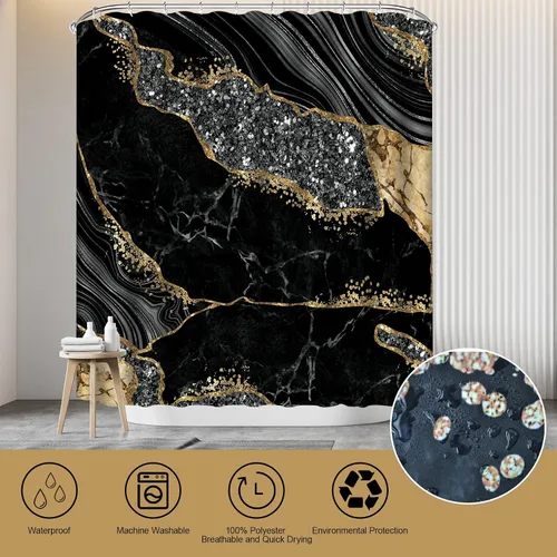 Miniatura 3 de Juego de 4 piezas de cortinas de ducha de mármol, juegos de baño modernos con cortinas de ducha, alfombra para tapa de inodoro, tapete de contorno