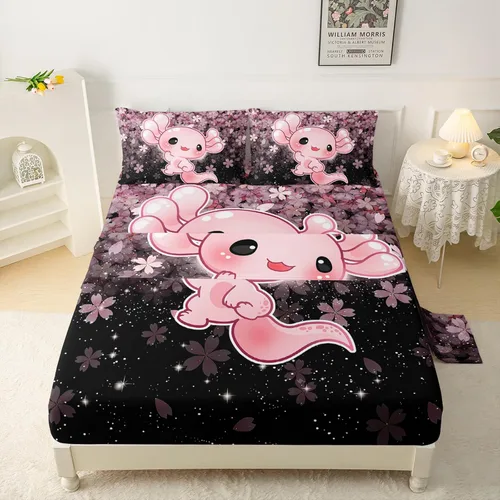 Miniatura 5 de QOOMO Ropa de cama Kawaii Axolotl para niños y niñas, diseño de flor de cerezo rosa, juego de ropa de cama súper suave para niños, con estrellas