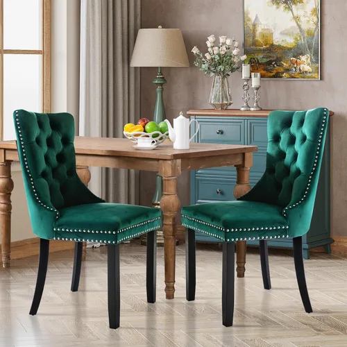 Miniatura 45 de Juego de 2 sillas de comedor tapizadas de tela de lino, sillas de cocina modernas de mediados de siglo con respaldo alto, ribete de cabeza de clavo