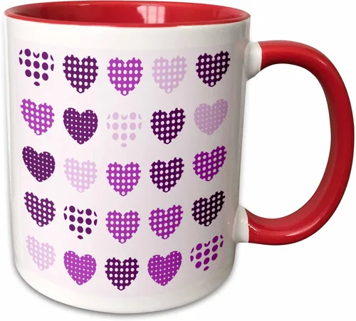 Miniatura 10 de 3dRose Taza de café, tamaño: 15 onzas, patrón de corazones de lunares morados y blancos en una fila, divertido regalo de taza de café