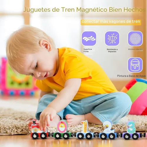 Miniatura 7 de Juguetes para niños pequeños, juego de pista de tren magnético de madera de 12 piezas con diseños de animales y digitales, juguete educativo