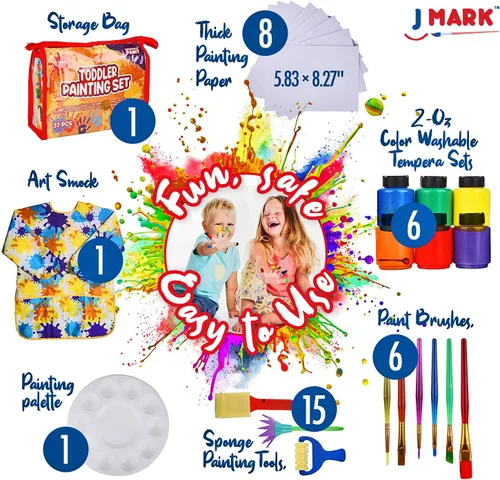 Miniatura 2 de J MARK Juego de pintura para niños pequeños de 38 piezas, incluye pintura de témpera lavable, bata de arte, papel de pintura, pinceles, herramientas