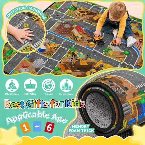 Miniatura 5 de Alfombra para niños, alfombra de juegos para obras de construcción, alfombra de 5 x 7 pies con respaldo de goma, alfombra de juegos de vehículos