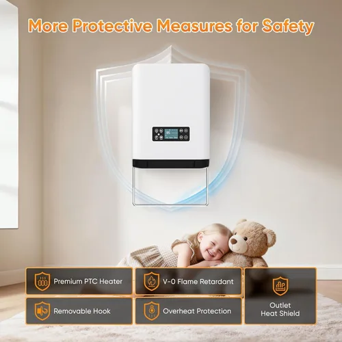 Miniatura 5 de Calentador eléctrico montado en la pared, calentador de espacio interior PTC de 1500 W con control remoto, termostato ajustable, calentador de pared