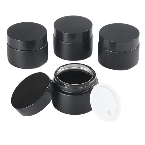 Miniatura 10 de 2oz Frasco de vidrio ámbar de tamaño para viajes, 4 piezas de envases vacíos para loción cosmética con tapa negra y espátula, frasco mini pequeño
