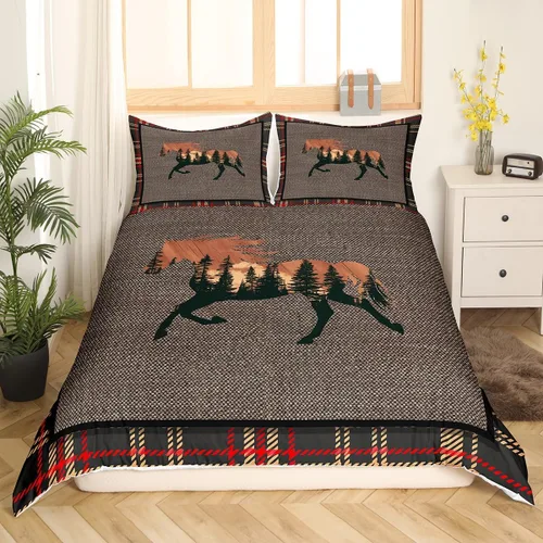 Miniatura 41 de Funda de edredón rústica tamaño Queen, juego de ropa de cama retro para cabaña de cabaña, oso de caza, ciervo, hojas de arce, funda de edredón