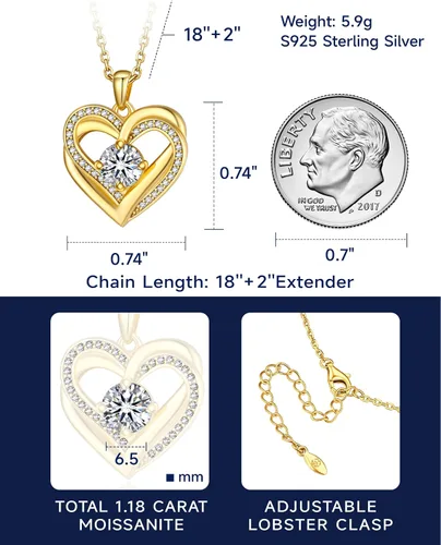 Miniatura 36 de MomentWish Collar de corazón para mujer, moissanita, diamante de imitación, plata de ley 925